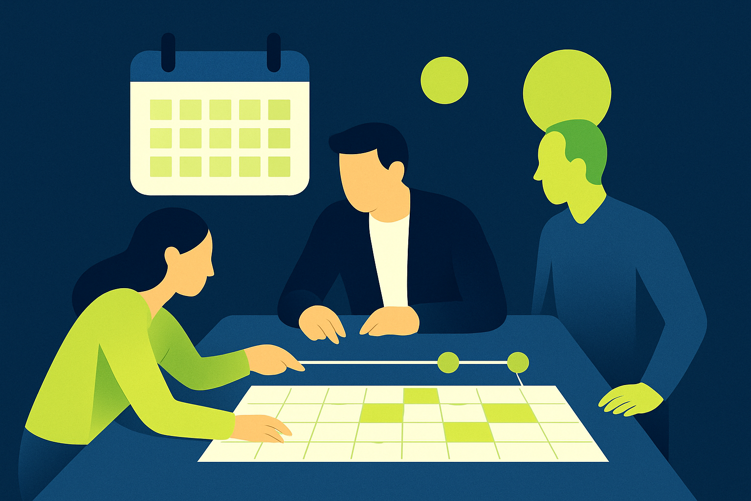 Illustration of a small team planning a timeline together for deal readiness